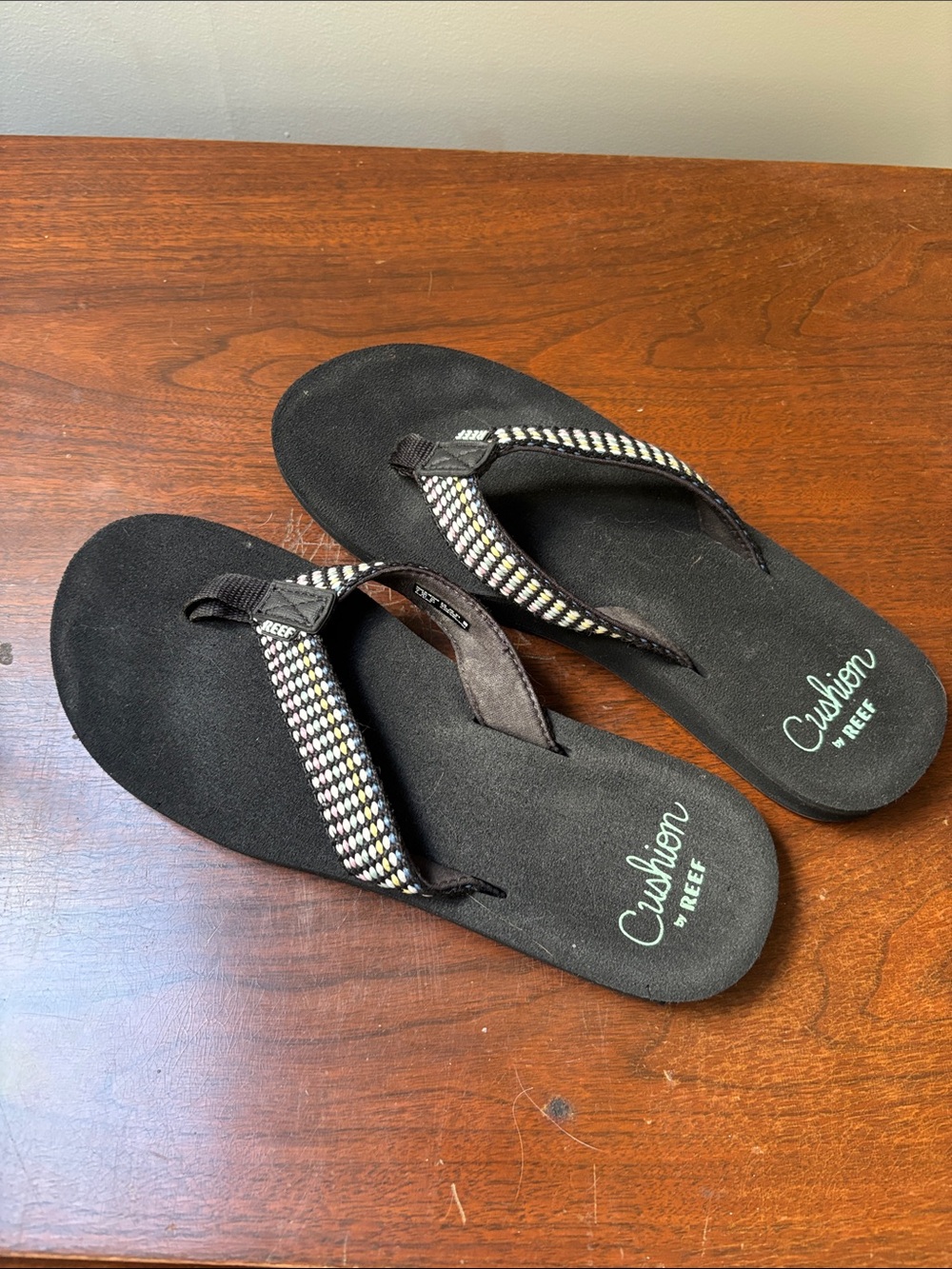Reef Black Flip Flops with Colorful Woven Straps - Size 8